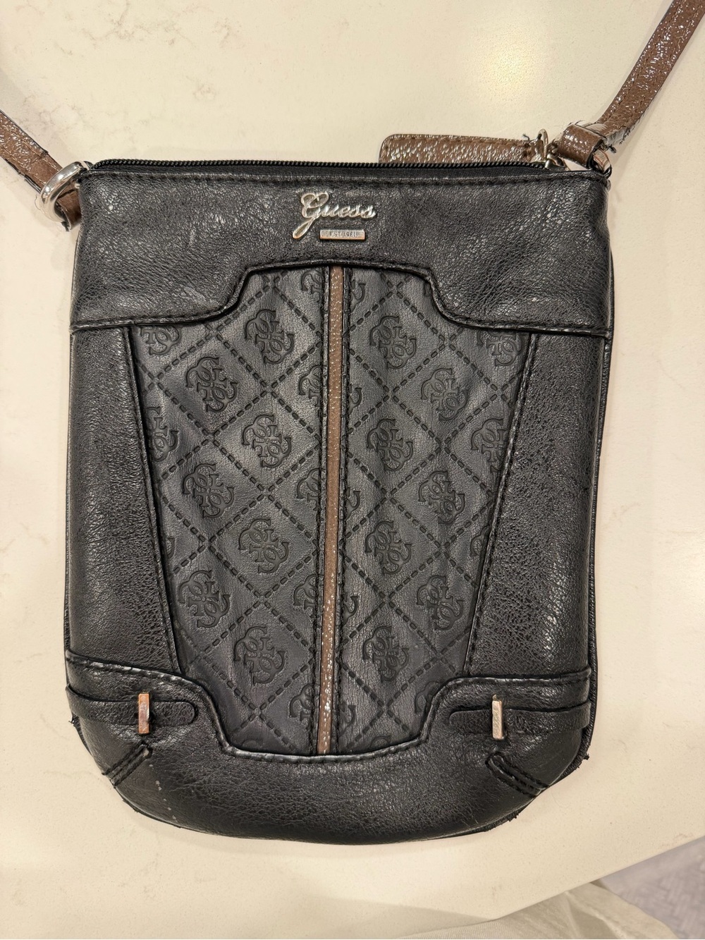 GUESS 1981 Black Crossbody with Signature Monogram and Brown Trim